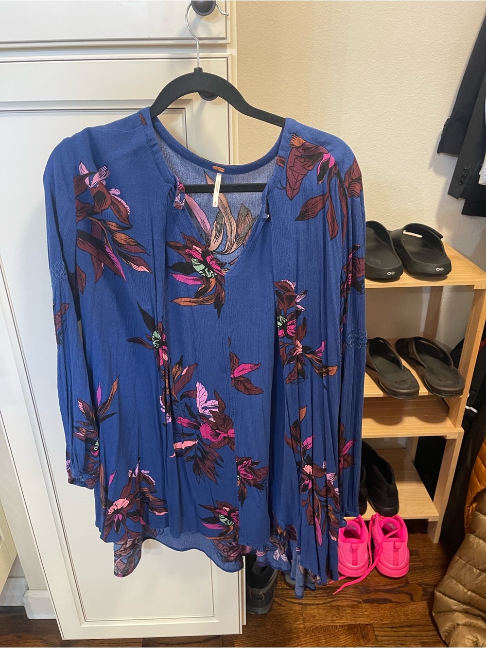 Free People Blue Floral Peasant Tunic with Pink Accents